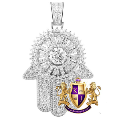 14K White Gold On Real Sterling Silver Lab Diamond Jewish Hamsa Hand Spinner Pendant Charm 2''