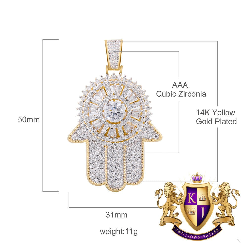 14K Yellow Gold On Real Sterling Silver Lab Diamond Jewish Hamsa Hand Spinner Pendant Charm 2''