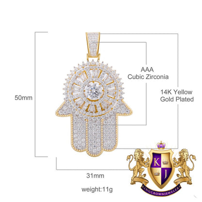 14K Yellow Gold On Real Sterling Silver Lab Diamond Jewish Hamsa Hand Spinner Pendant Charm 2''