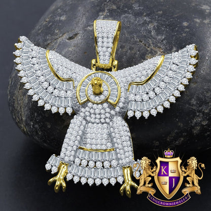 Custom Piece Real Yellow Gold Sterling Silver Simulated Diamond Falcon Eagle Pendent Charm 1.65''