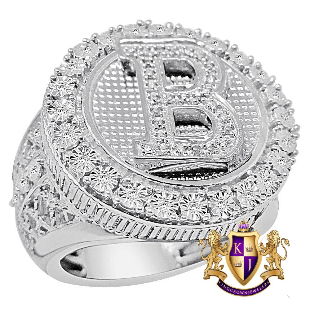 Real Genuine Authentic Diamond Initial Letter Alphabet Men's Ring Band 10K White Gold Finish