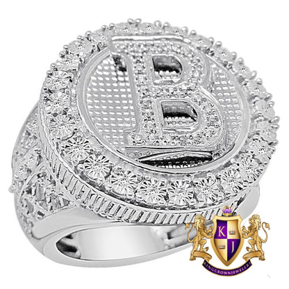 Real Genuine Authentic Diamond Initial Letter Alphabet Men's Ring Band 10K White Gold Finish