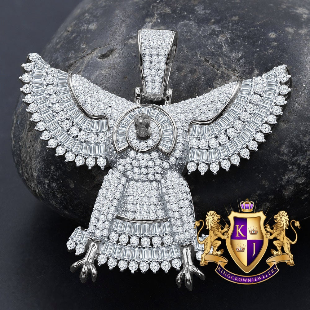 Custom Piece Real White Gold Over Sterling Silver Simulated Diamond falcon eagle Pendent Charm 1.65''