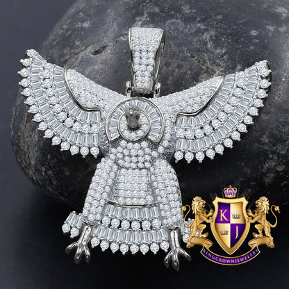 Custom Piece Real White Gold Over Sterling Silver Simulated Diamond falcon eagle Pendent Charm 1.65''
