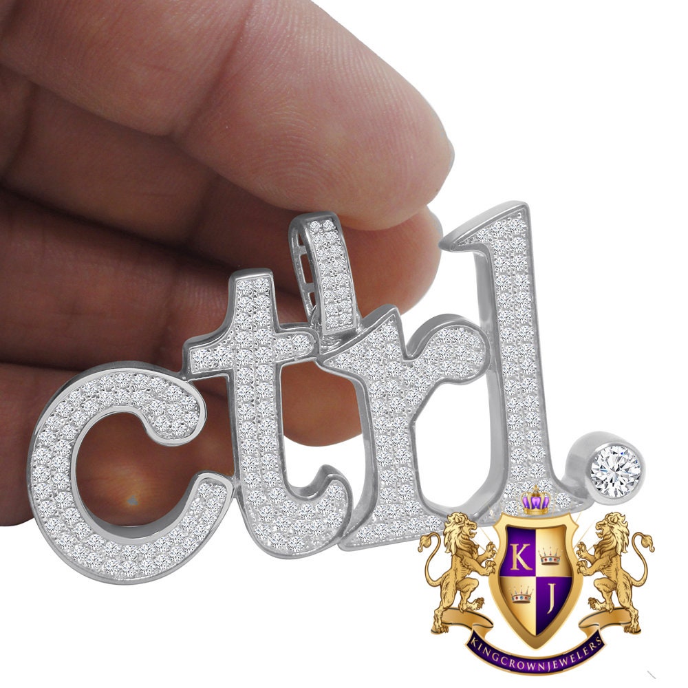 14K White Gold On Genuine Sterling Silver Keyboard Key Ctrl Pendant Lab Diamond Custom Charm Pendent