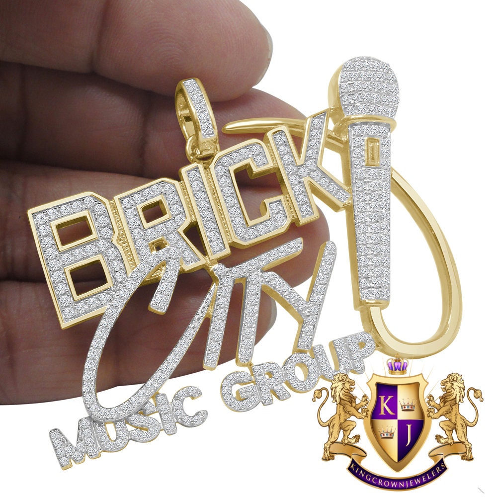 Men's Ladies New Brick City Group Yellow Gold Sterling Silver Simulated Diamond Charm Pendant 2"