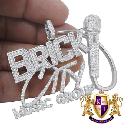Men's Ladies New Brick City Group White Gold Sterling Silver Simulated Diamond Charm Pendant 2"