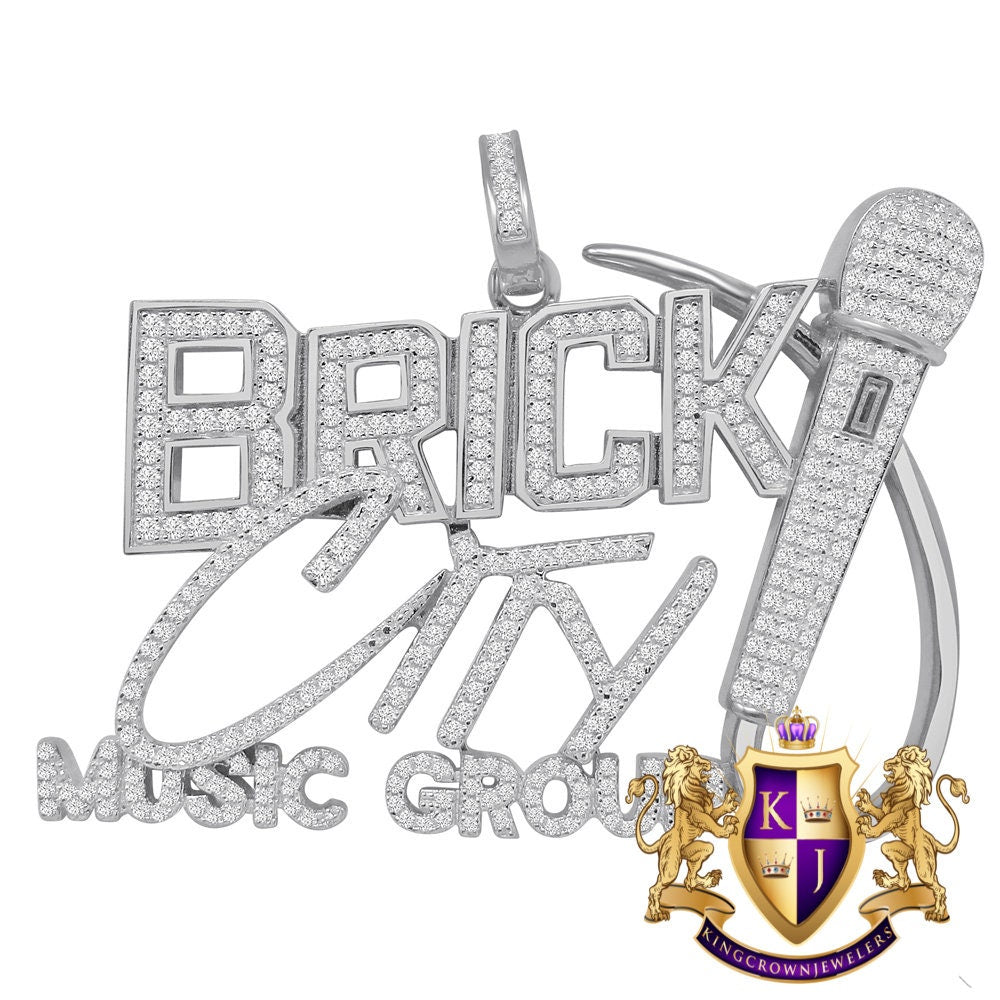 Men's Ladies New Brick City Group White Gold Sterling Silver Simulated Diamond Charm Pendant 2"