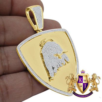 Custom Piece Luxury Car Bull Charm Real Yellow Sterling Silver Simulated Diamond Mens Pendent Charm 2.5''