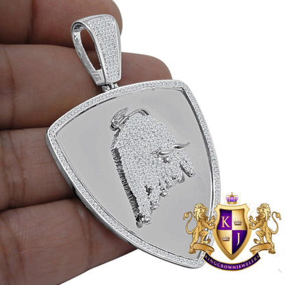 Custom Piece Luxury Car Bull Charm 14K White Gold On Real Sterling Silver Simulated Diamond Mens Pendent Charm 2.5''