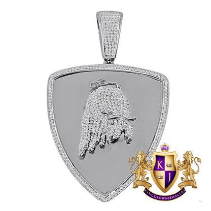 Custom Piece Luxury Car Bull Charm 14K White Gold On Real Sterling Silver Simulated Diamond Mens Pendent Charm 2.5''