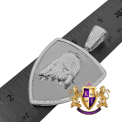 Custom Piece Luxury Car Bull Charm 14K White Gold On Real Sterling Silver Simulated Diamond Mens Pendent Charm 2.5''