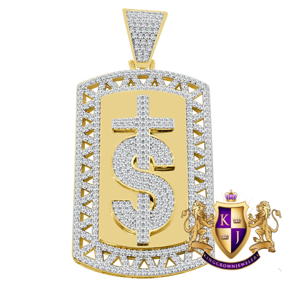 Mens Custom Piece Real Genuine Sterling Silver Dollar Sign Cross Dog Tag Diamond Pendent Charm 2''