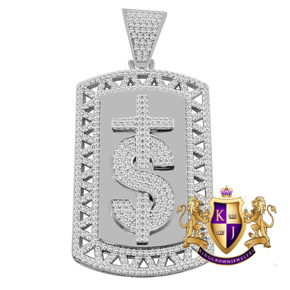 Mens Custom Piece Real White Gold On Sterling Silver Dollar Sign Cross Dog Tag Diamond Pendent Charm 2''