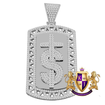 Mens Custom Piece Real White Gold On Sterling Silver Dollar Sign Cross Dog Tag Diamond Pendent Charm 2''