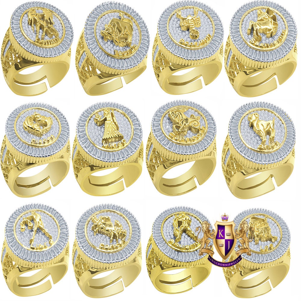 Real Sterling Silver Baguette Men's 14K Yellow Gold Finish Simulated Diamond Zodiac Sign Astrology Ring Band (Adjustable 10 Up To 12 )