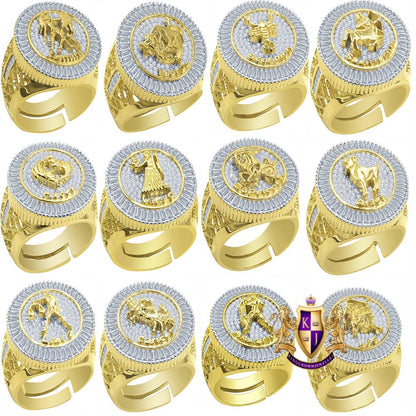 Real Sterling Silver Baguette Men's 14K Yellow Gold Finish Simulated Diamond Zodiac Sign Astrology Ring Band (Adjustable 10 Up To 12 )
