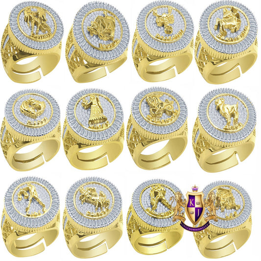 Real Sterling Silver Baguette Men's 14K Yellow Gold Finish Simulated Diamond Zodiac Sign Astrology Ring Band (Adjustable 10 Up To 12 )