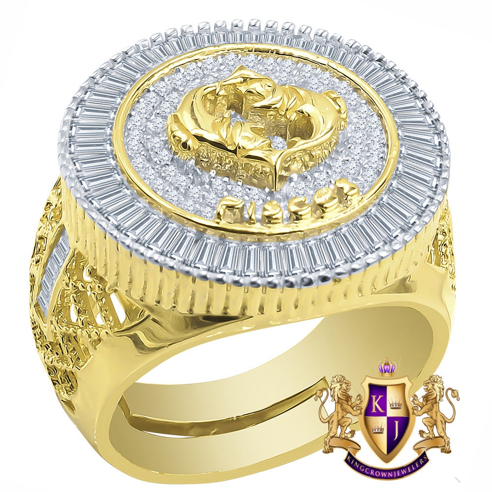 Real Sterling Silver Baguette Men's 14K Yellow Gold Finish Simulated Diamond Zodiac Sign Astrology Ring Band (Adjustable 10 Up To 12 )