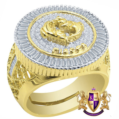 Real Sterling Silver Baguette Men's 14K Yellow Gold Finish Simulated Diamond Zodiac Sign Astrology Ring Band (Adjustable 10 Up To 12 )