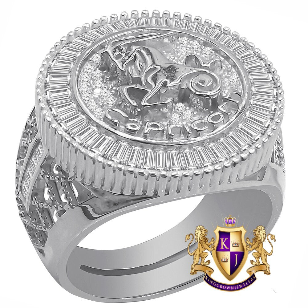 Real Sterling Silver Baguette Men's 14K White Gold Finish Simulated Diamond Zodiac Sign Astrology Ring Band (Adjustable 10 Up To 12 )
