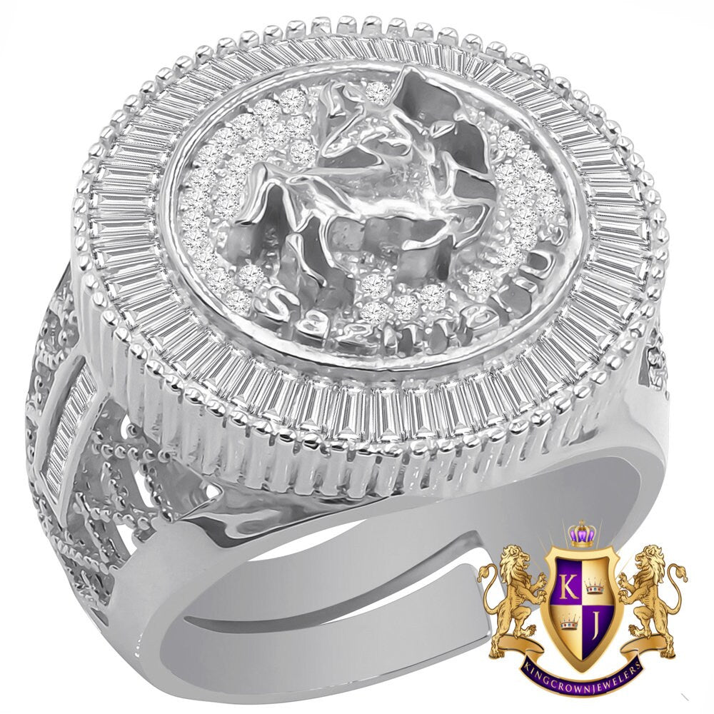 Real Sterling Silver Baguette Men's 14K White Gold Finish Simulated Diamond Zodiac Sign Astrology Ring Band (Adjustable 10 Up To 12 )