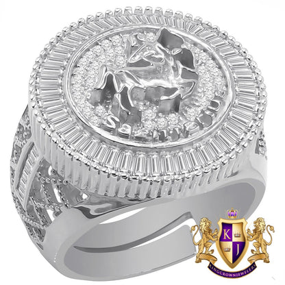 Real Sterling Silver Baguette Men's 14K White Gold Finish Simulated Diamond Zodiac Sign Astrology Ring Band (Adjustable 10 Up To 12 )
