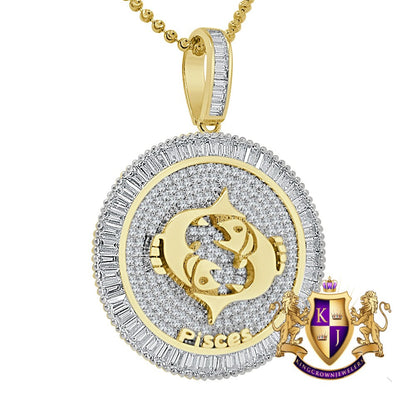 Real Genuine Sterling Silver Zodiac Sign Astrology Horoscope Baguette Round Cut 2.00 Ct. Simulated Diamond 14K Gold On Pendant Charm + Chain