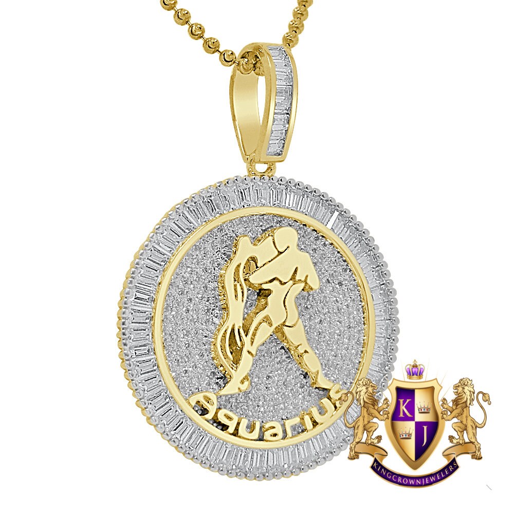 Real Genuine Sterling Silver Zodiac Sign Astrology Horoscope Baguette Round Cut 2.00 Ct. Simulated Diamond 14K Gold On Pendant Charm + Chain