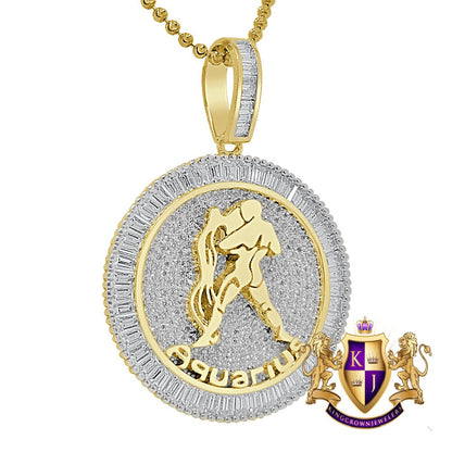 Real Genuine Sterling Silver Zodiac Sign Astrology Horoscope Baguette Round Cut 2.00 Ct. Simulated Diamond 14K Gold On Pendant Charm + Chain