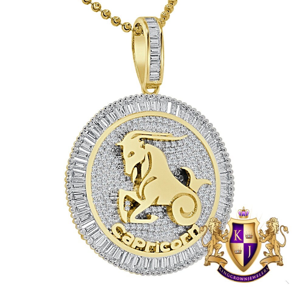 Real Genuine Sterling Silver Zodiac Sign Astrology Horoscope Baguette Round Cut 2.00 Ct. Simulated Diamond 14K Gold On Pendant Charm + Chain