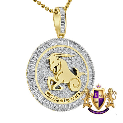 Real Genuine Sterling Silver Zodiac Sign Astrology Horoscope Baguette Round Cut 2.00 Ct. Simulated Diamond 14K Gold On Pendant Charm + Chain