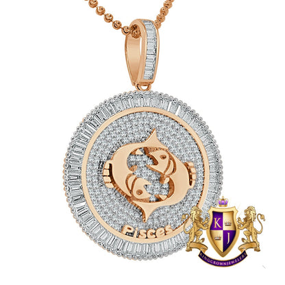 Real Genuine Sterling Silver 14K Rose Gold Over Zodiac Sign Astrology Horoscope Round Pendant 2.00 Cwt. Simulated Diamond Charm Chain Set