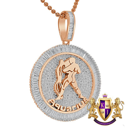Real Genuine Sterling Silver 14K Rose Gold Over Zodiac Sign Astrology Horoscope Round Pendant 2.00 Cwt. Simulated Diamond Charm Chain Set