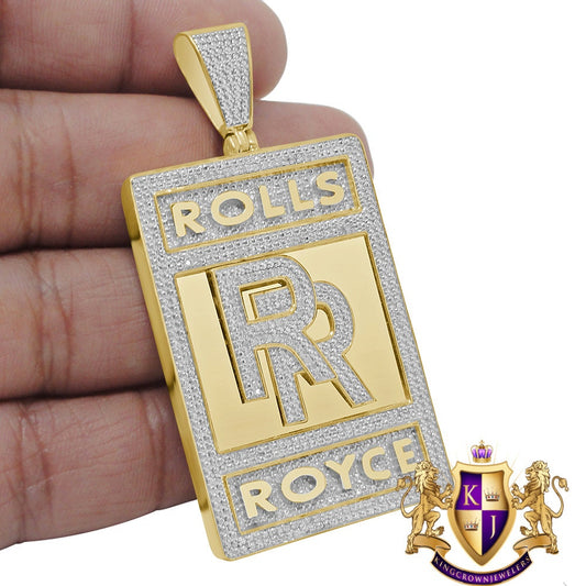Real Yellow Gold Sterling Silver Simulated Diamond Luxury Car "RR" Custom Pendent Charm 2.65''