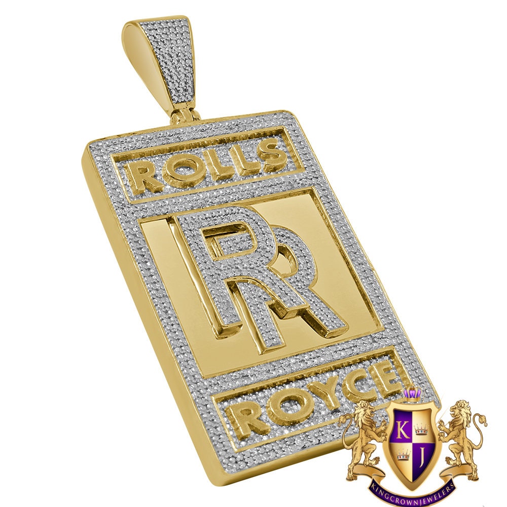 Real Yellow Gold Sterling Silver Simulated Diamond Luxury Car "RR" Custom Pendent Charm 2.65''
