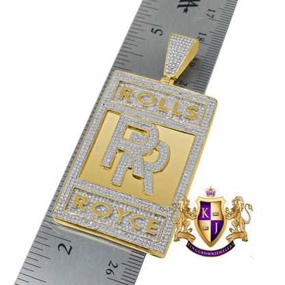 Real Yellow Gold Sterling Silver Simulated Diamond Luxury Car "RR" Custom Pendent Charm 2.65''