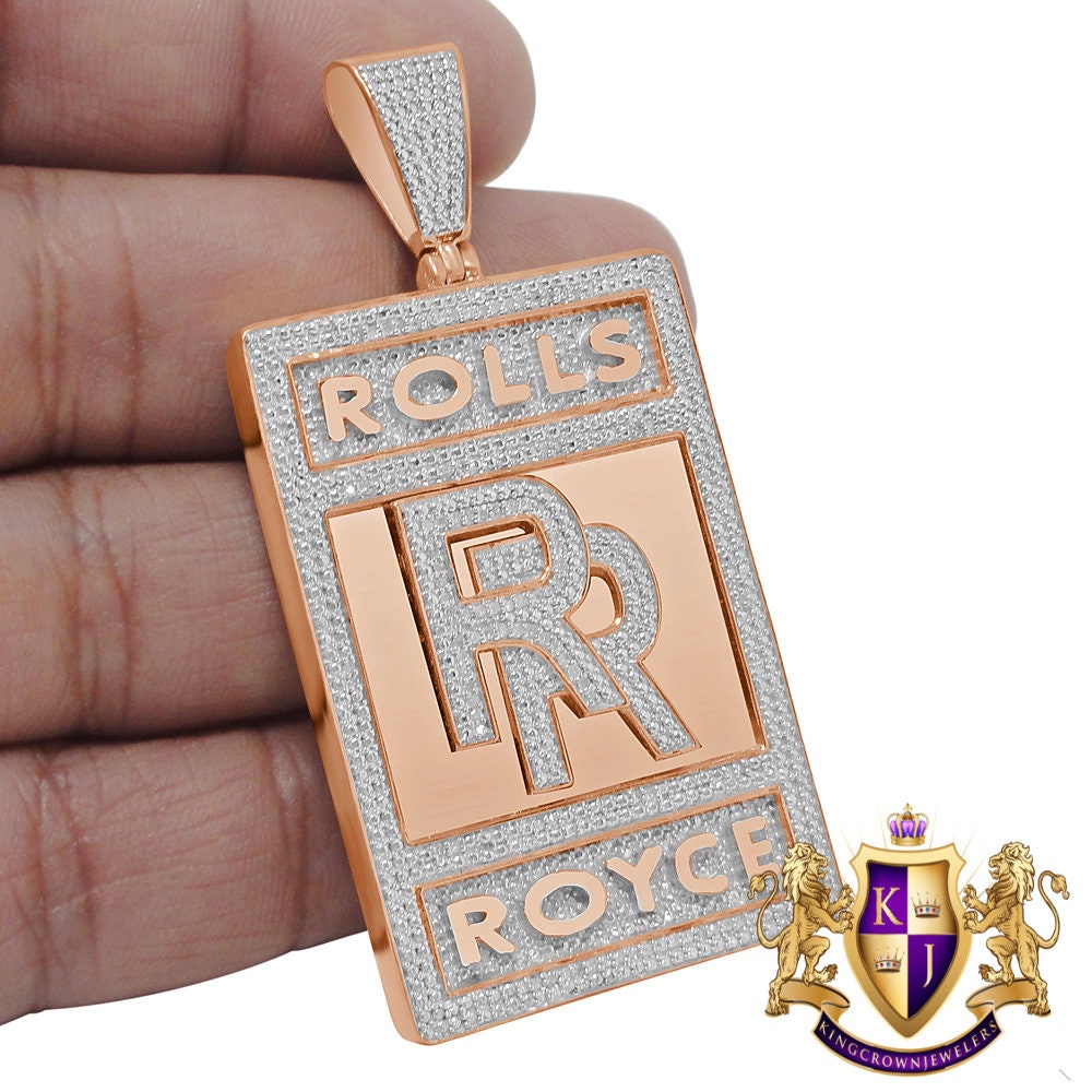 14K Rose Gold On Genuine Sterling Silver Simulated Diamond Luxury Car "RR" Custom Pendent Charm 2.65''