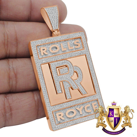 14K Rose Gold On Genuine Sterling Silver Simulated Diamond Luxury Car "RR" Custom Pendent Charm 2.65''