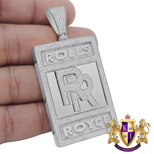 14K White Gold On Genuine Sterling Silver Simulated Diamond Luxury Car "RR" Custom Pendent Charm 2.65''