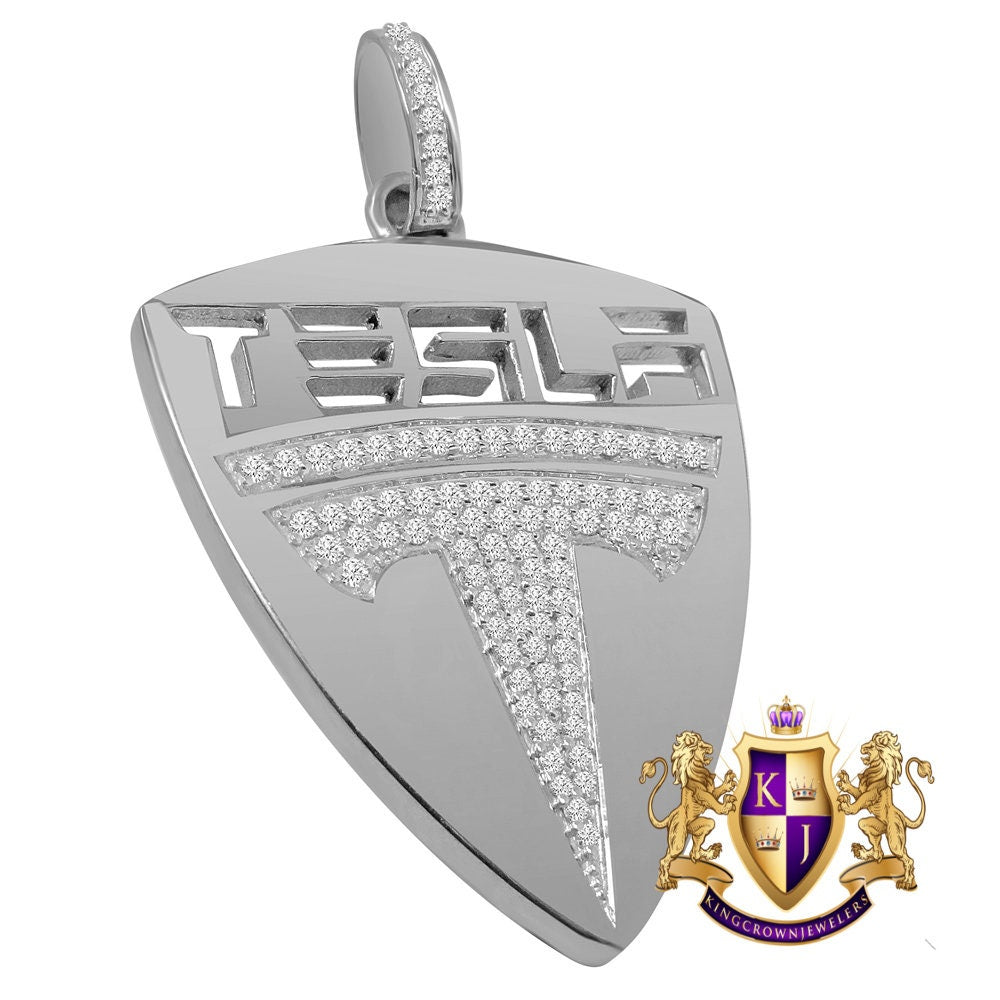 New 10k White Gold Tone Men's Real Sterling Silver Car Logo Custom Charm Pendant 2.25"