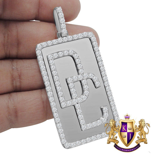 14K White Gold Over Sterling Silver Simulated Diamond Dream Chaser Frame Dog Tag Pendant Custom Charm 2.75''
