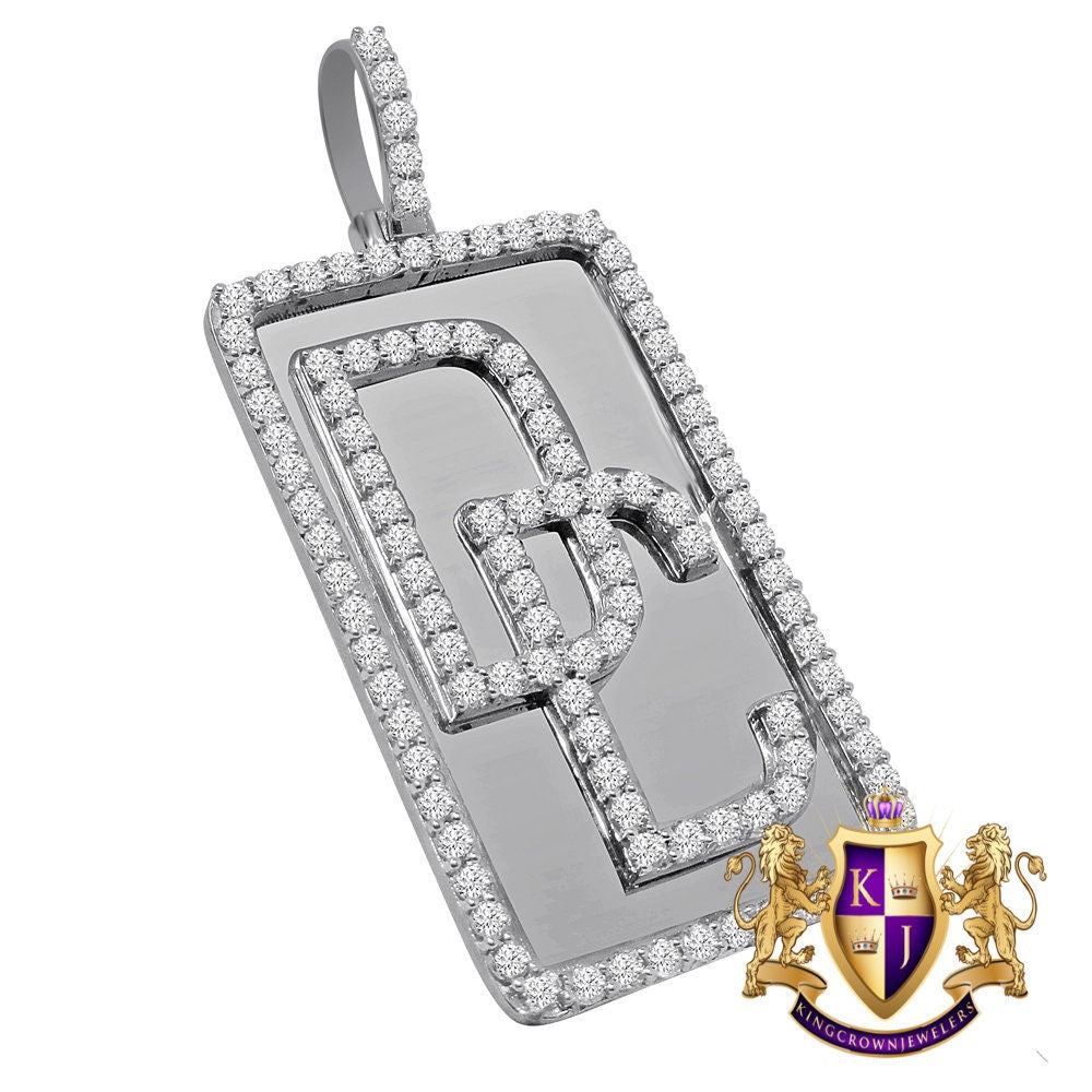 14K White Gold Over Sterling Silver Simulated Diamond Dream Chaser Frame Dog Tag Pendant Custom Charm 2.75''
