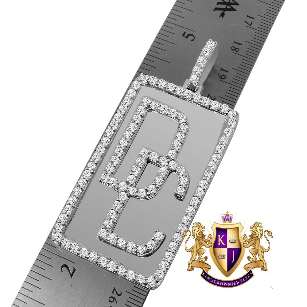 14K White Gold Over Sterling Silver Simulated Diamond Dream Chaser Frame Dog Tag Pendant Custom Charm 2.75''