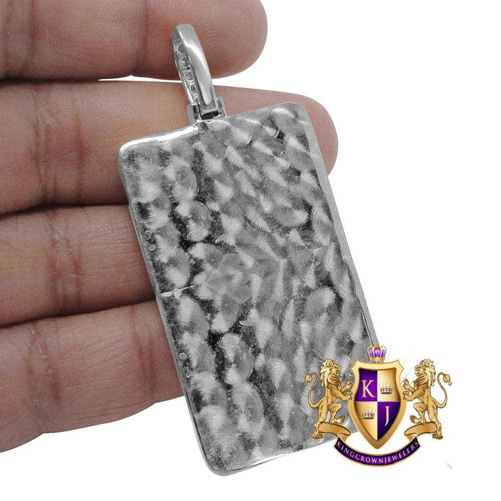 14K White Gold Over Sterling Silver Simulated Diamond Dream Chaser Frame Dog Tag Pendant Custom Charm 2.75''