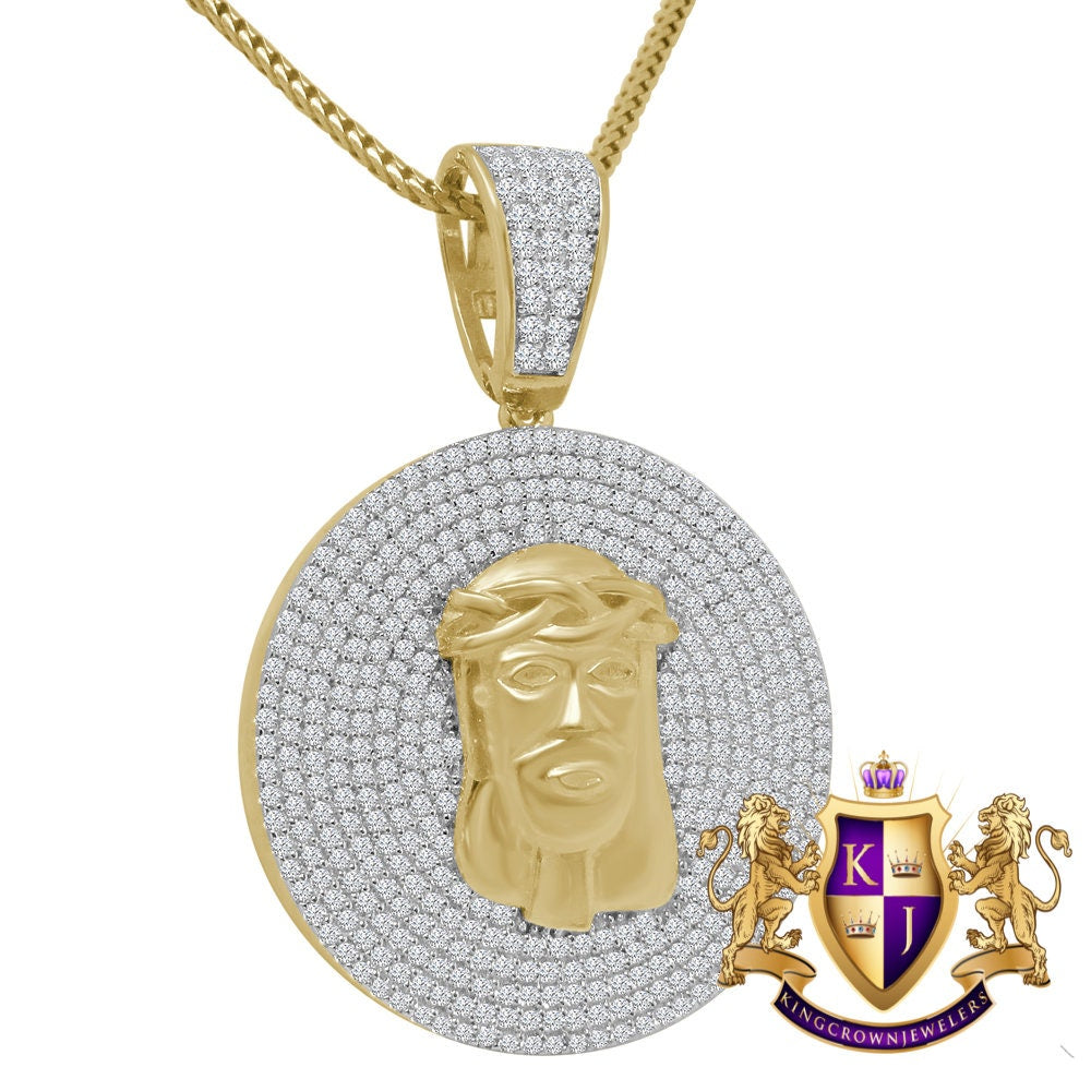 Men's Real Yellow Gold Sterling Silver Simulated Diamond Jesus Face Piece Charm Pendant Medallion 2'' + Chain