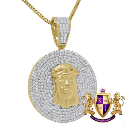 Men's Real Yellow Gold Sterling Silver Simulated Diamond Jesus Face Piece Charm Pendant Medallion 2'' + Chain