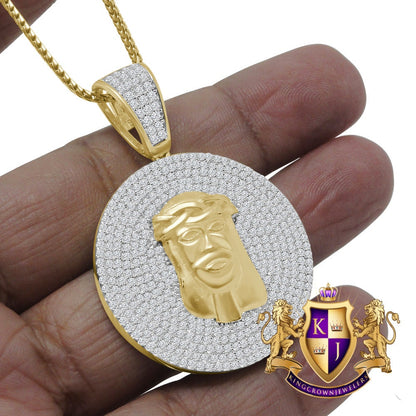 Men's Real Yellow Gold Sterling Silver Simulated Diamond Jesus Face Piece Charm Pendant Medallion 2'' + Chain