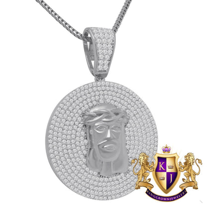 Men's Real White Gold On Sterling Silver Simulated Diamond Jesus Face Piece Charm Pendant Medallion 2'' + Chain