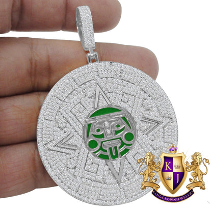 Exclusive Custom Piece Big XL 3'' White Gold On Sterling Silver Lab Diamond  Mayan Aztec Sun Calendar Medallion Pendent Charm 49+ Grams
